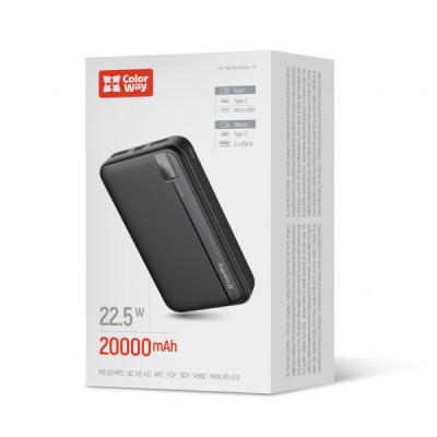 Батарея універсальна ColorWay 20 000 mAh PD/22.5W, QC/3.0, black (CW-PB200LPA4BK-PD)