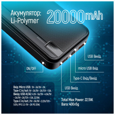 Батарея універсальна ColorWay 20 000 mAh PD/22.5W, QC/3.0, black (CW-PB200LPA4BK-PD)