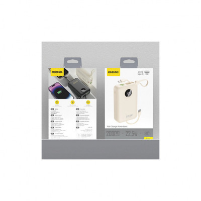 Батарея універсальна Dudao 20000mAh K14+ 22.5W, PD, QC, USB-A, USB-C(In/Out), with built-in USB-C/Lightning cables, White (6977196680023)