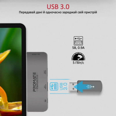 Концентратор Promate USB Hub 4 ports padhub-pro.grey (padhub-pro.grey)
