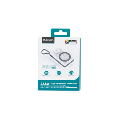 Батарея універсальна Choetech Magnetic Wireless 20000mAh 22.5W, PD, QC/3.0, Apple Watch charger, White (B696-GW)