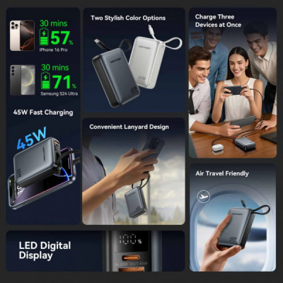 Батарея універсальна Vention 20000 mAh 45W Mini with Built-in USB-C Cable Gray (FHGH0)