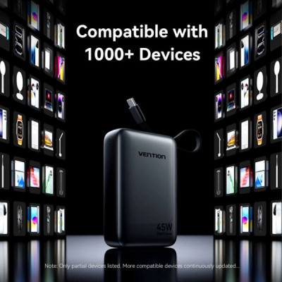 Батарея універсальна Vention 20000 mAh 45W Mini with Built-in USB-C Cable Gray (FHGH0)