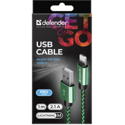 Дата кабель USB 2.0 AM to Lightning 1.0m ACH01-03T 2.1A green Defender (87810)